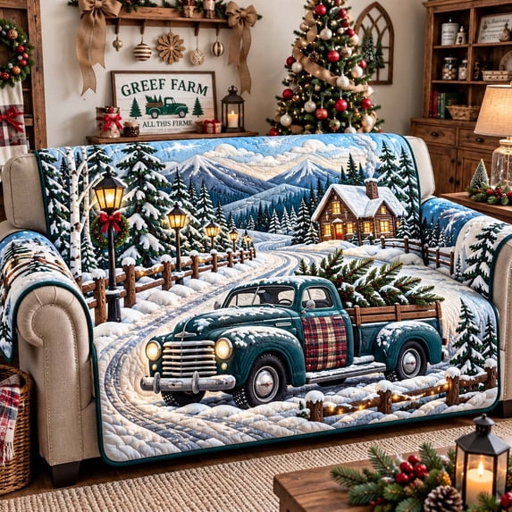 Evergreen Essentials Evergreen Cabin Truck Quilted Sofa Cover, Christmas Quilted Sofa Cover ...