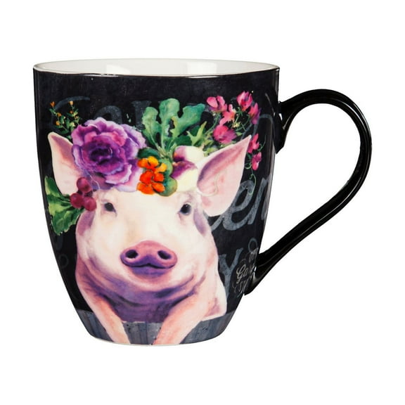 Evergreen Ceramic Cup O' Java, 17 OZ, Floral Pig