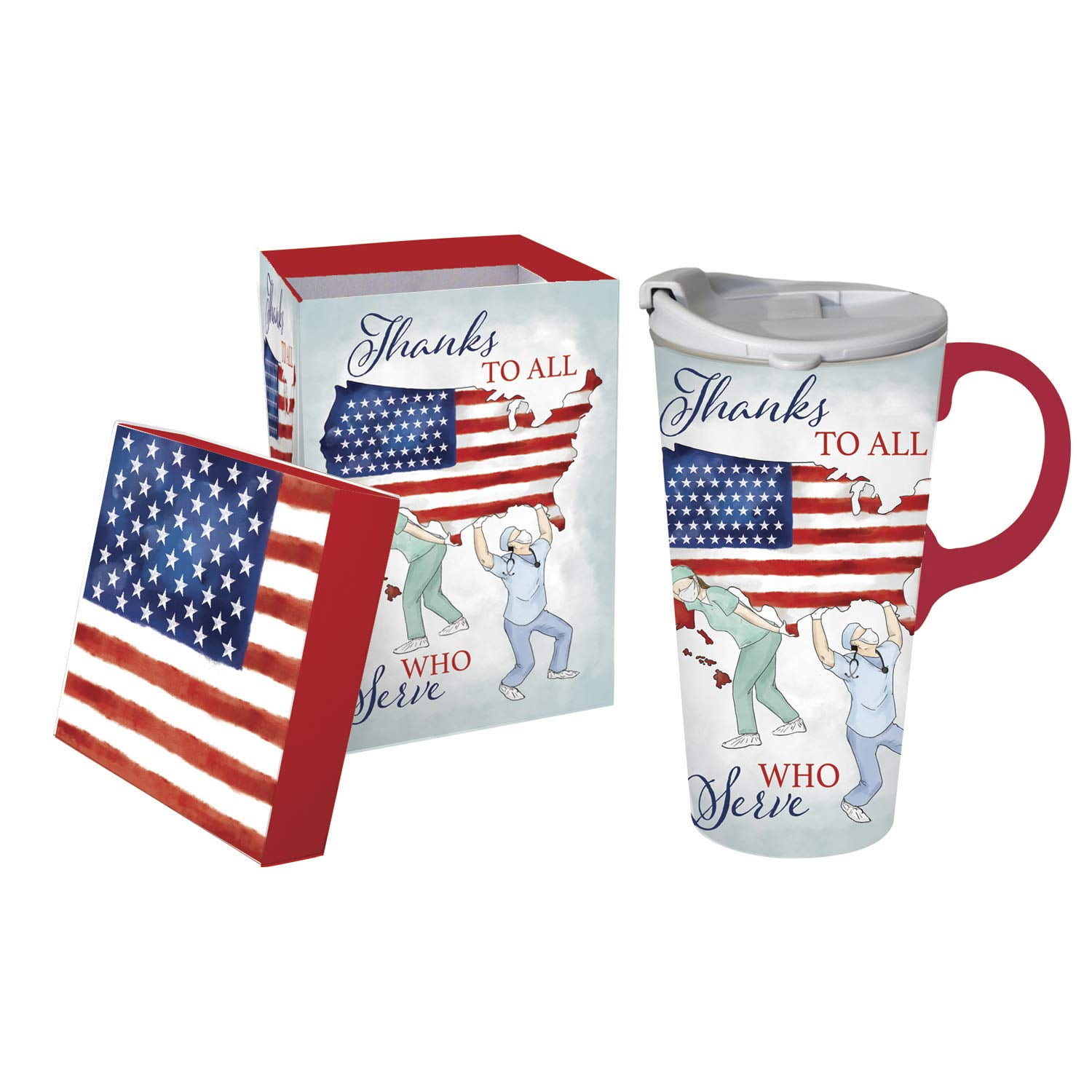 Evergreen Ceramic Travel Cup, 17 Oz., w/ box, Thanks To All Who Serve