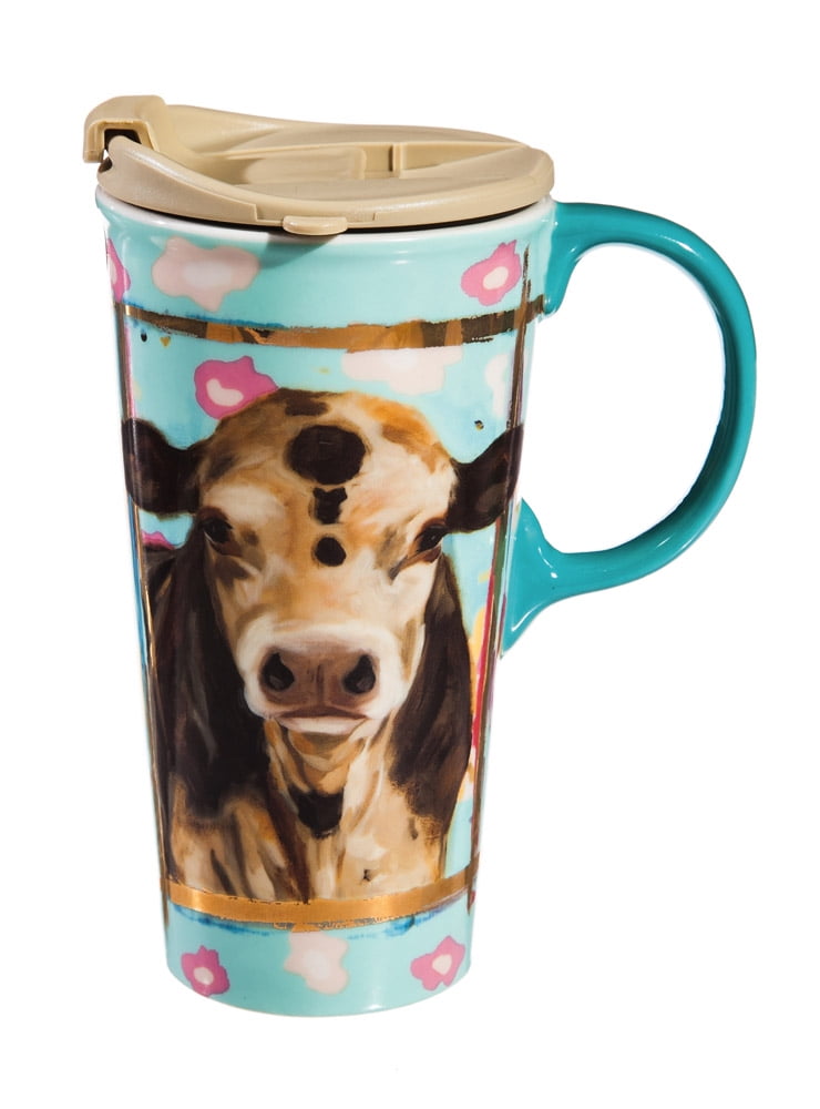 Myrtle Blue Ceramic Travel Cup with Cow Design 17oz