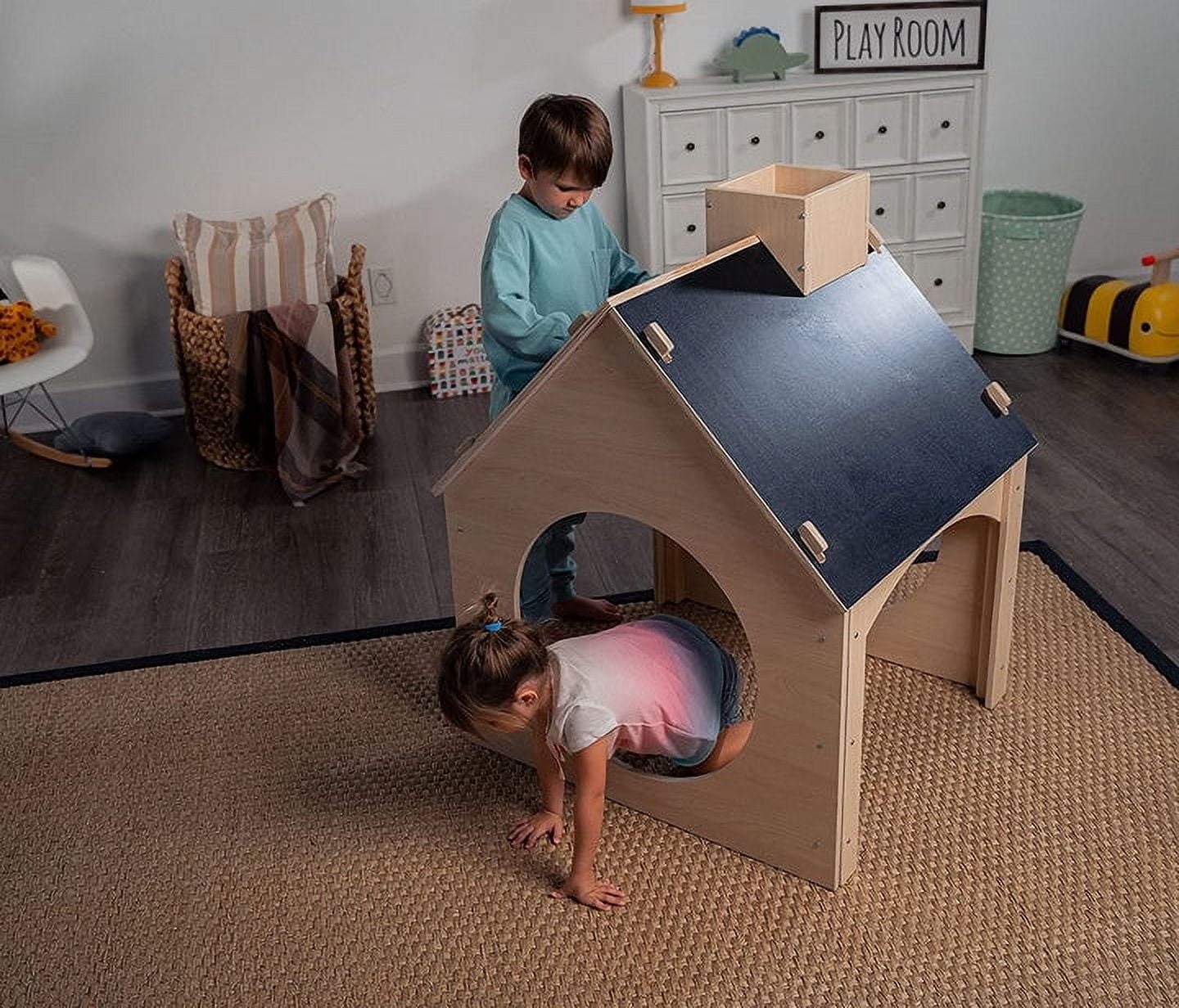 Evergreen Montessori Wooden Playhouse with Chalkboard Roof