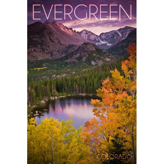 Evergreen, Colorado, Rocky Mountain National Park, Purple Sunset and Lake, Photography (9x12 Wall Art Print, Home Decor)