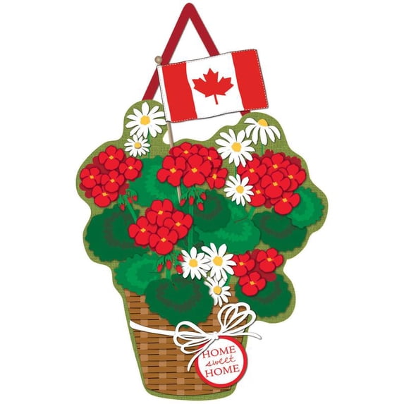 Evergreen Door Decor Canadian Patriotic Basket of Flowers Burlap Door Decor, 18.5'' x 15.75'' inches