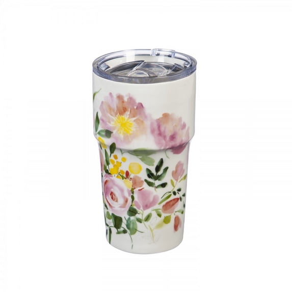 Evergreen Double Wall Ceramic Companion Cup with with Tritan Lid, 13 OZ, Happy Life