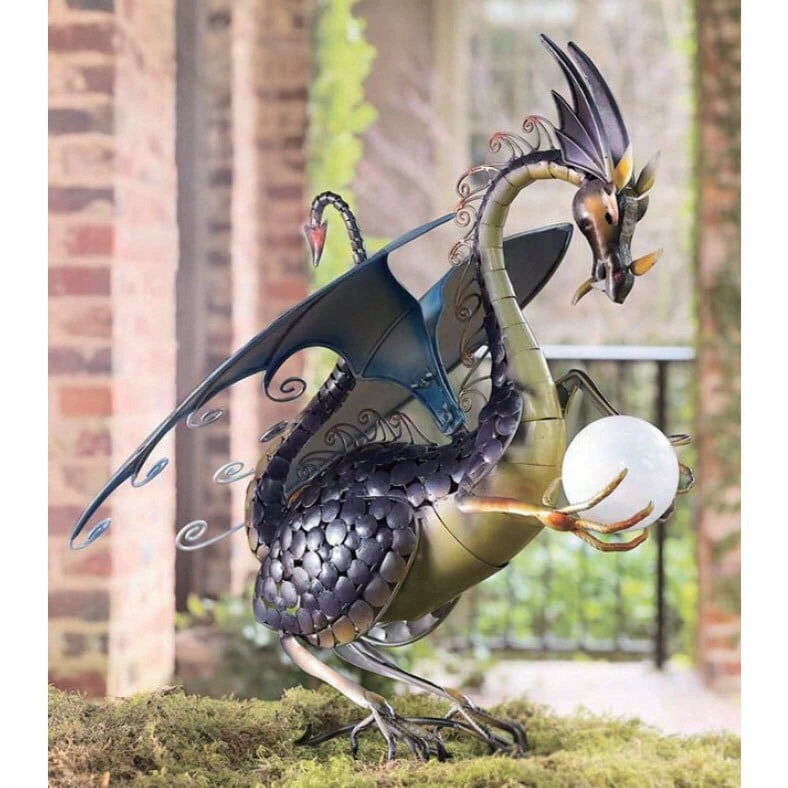 Majestic Black and Gold Metal Dragon Garden Statue with Solar Globe