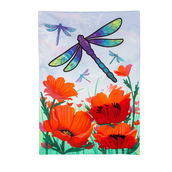 Evergreen Dragonfly and Poppy Linen Garden Flag 12 x 18 Inches Indoor Outdoor Decor