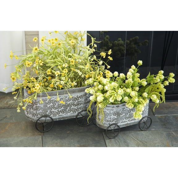 Evergreen Embossed Metal Planters on Wheels, Set of 2