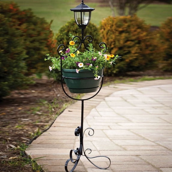 Evergreen Enterprises Chic Scroll-Shaped Metal Planter & Stand Set with Solar Light