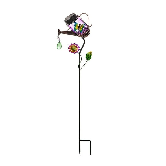 Evergreen Flag Beautiful Butterfly Solar Jar Watering Can Garden Stake - 3 x 9 x 39 Inches