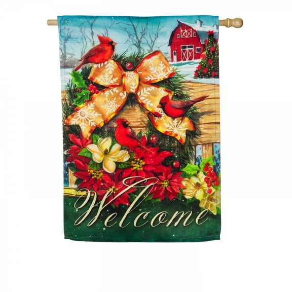 Evergreen Flag Cardinals and Wreath Suede House Flag