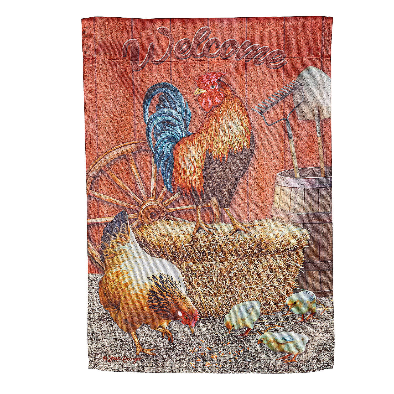 Red and Beige Suede Garden Flag with Chicken Design