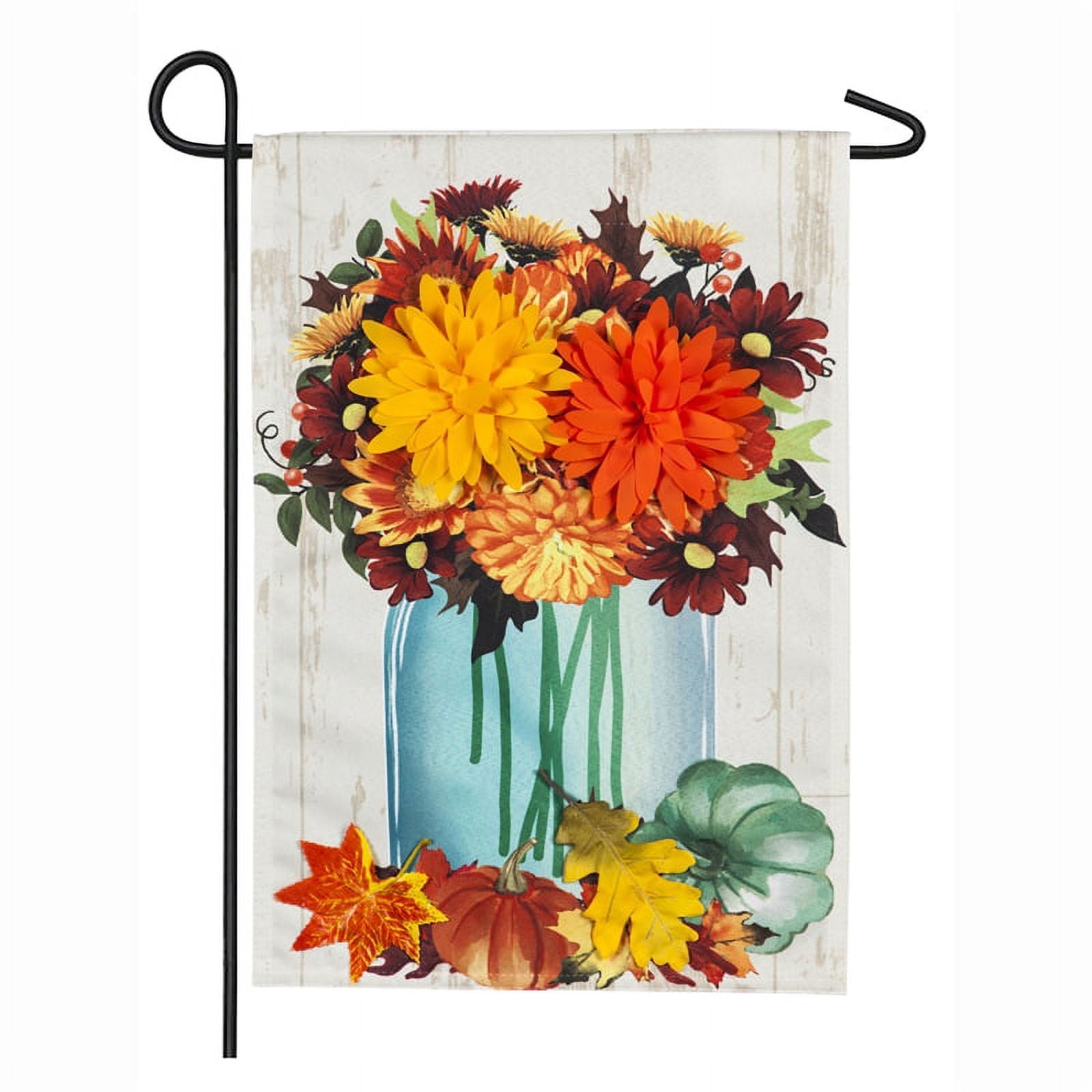 Evergreen Flag Fall Mums Floral Mason Jar Garden Linen Flag