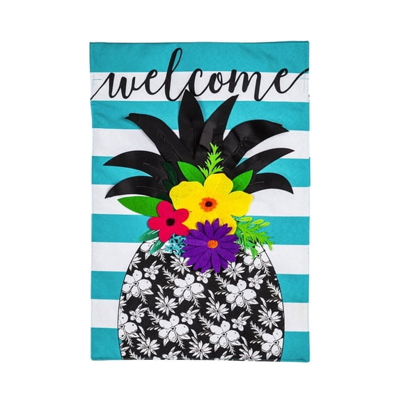 Evergreen Flag, Floral Pineapple Stripe Garden Linen Flag, 12.5'' x 0.2'' inches