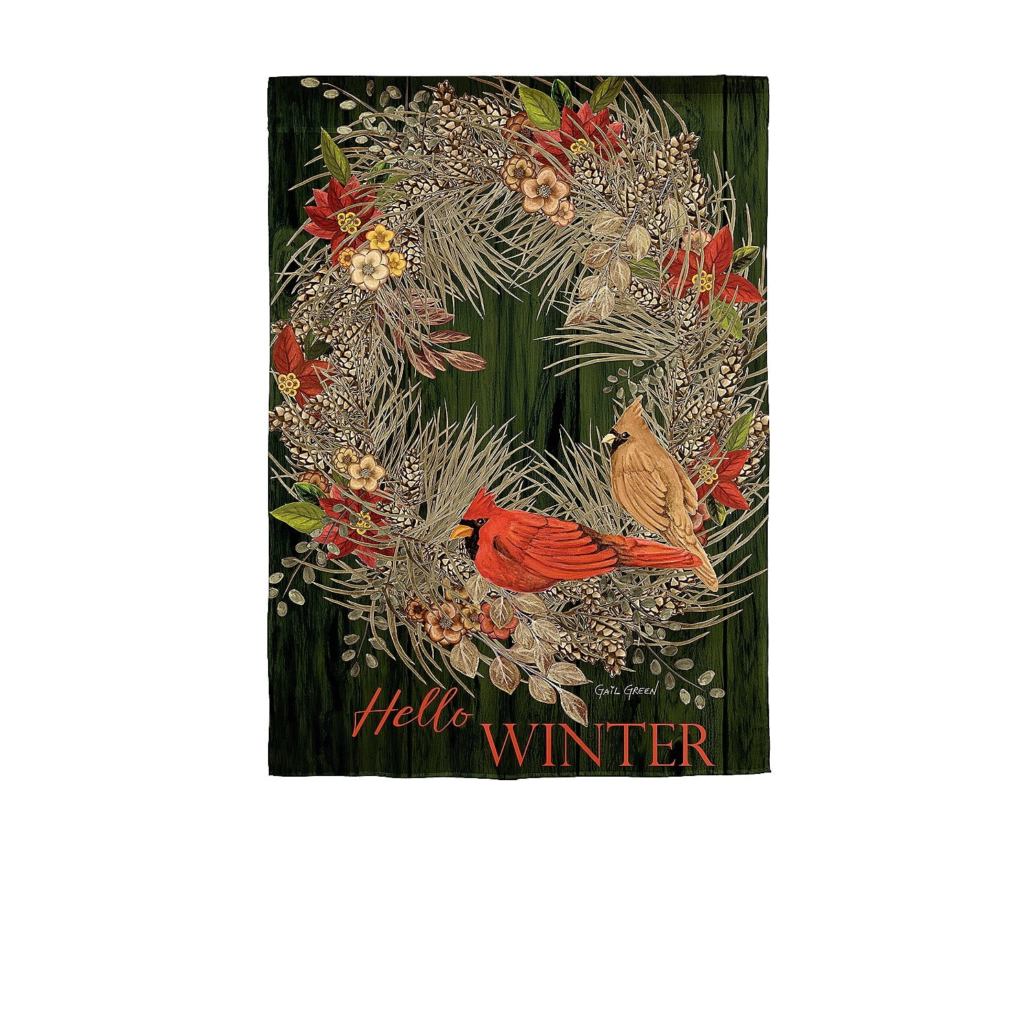 Green Taffeta Winter Garden Flag with Wreath and Cardinals
