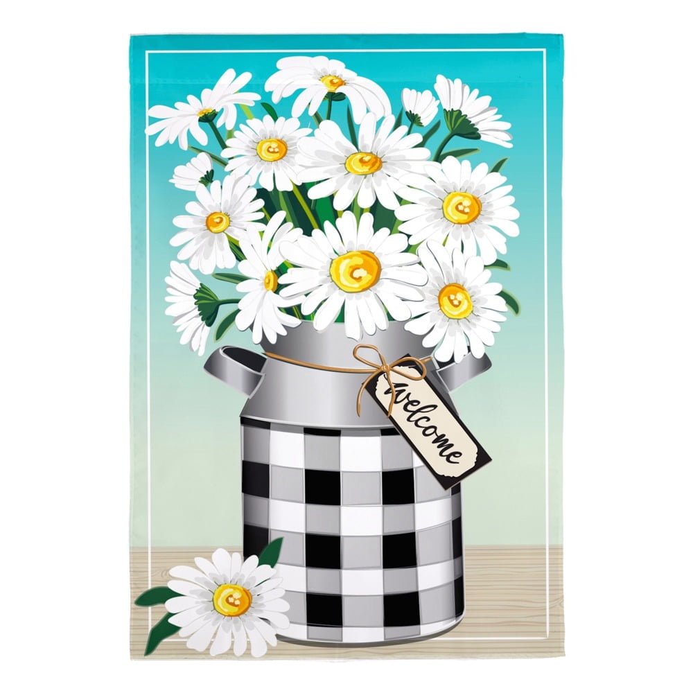Blue and White Burlap Garden Flag with Daisies