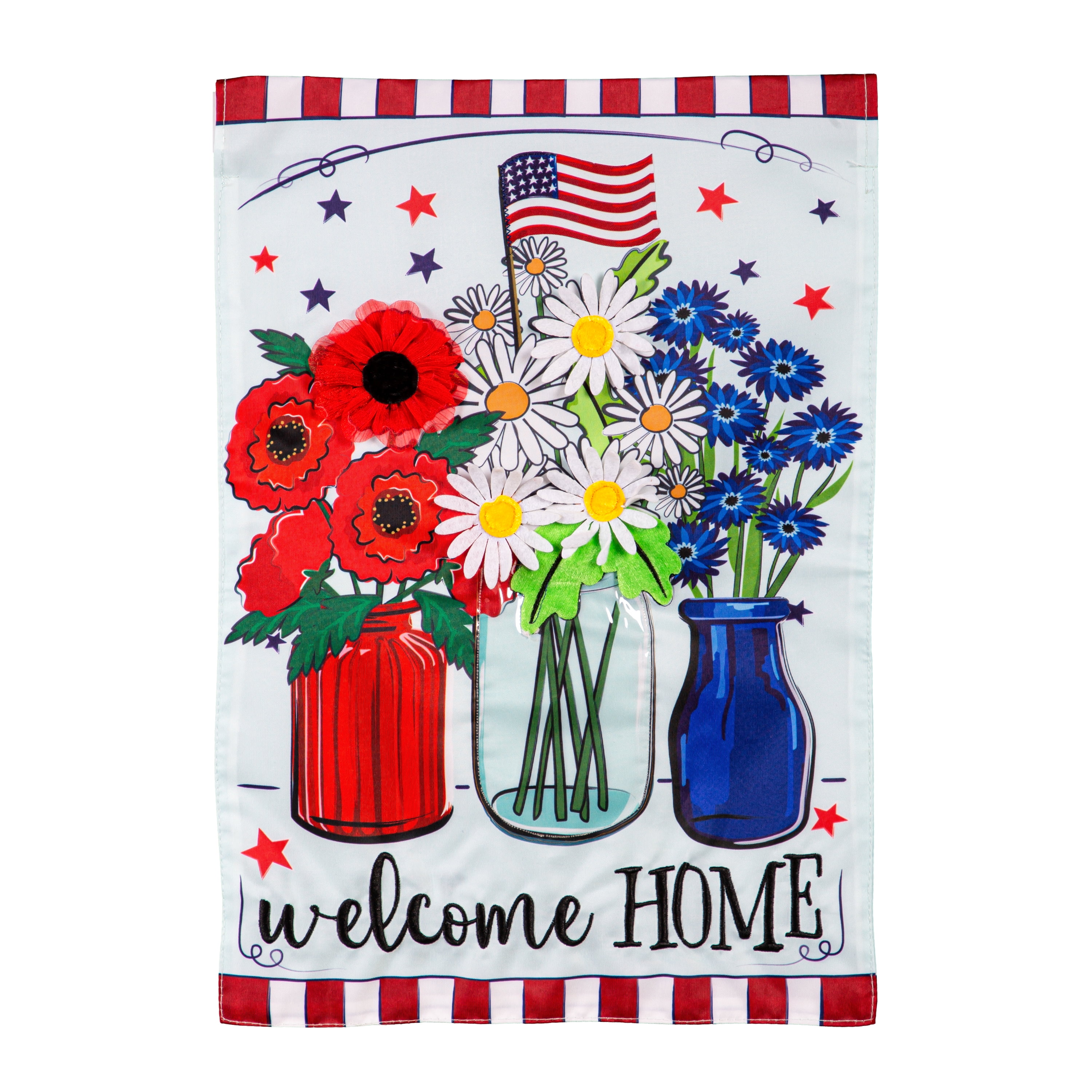Patriotic Floral Applique Garden Flag with Red, White, and Blue Vases