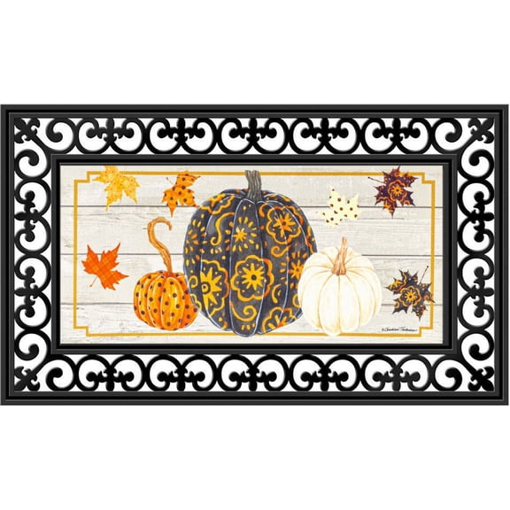 Evergreen Flag Seasonal Sassafras Interchangeable Mat and Tray Patterned Pumpkins and Leaves