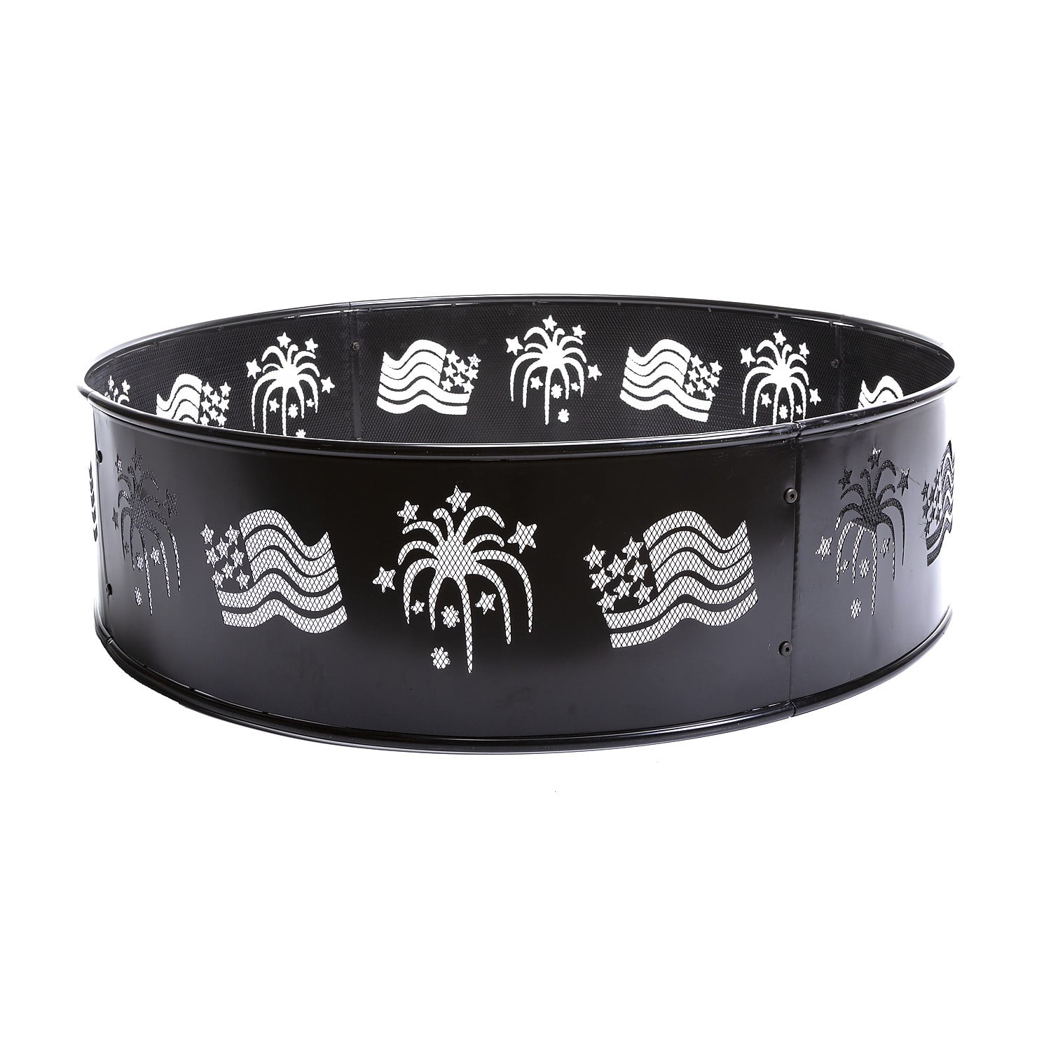 Patriotic Black Iron Fire Ring with Flag and Fireworks Design
