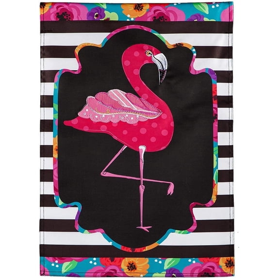 Evergreen Flamingo Stripes and Flowers Garden Applique Flag 12.5 x 18 Inches Indoor Outdoor Decor