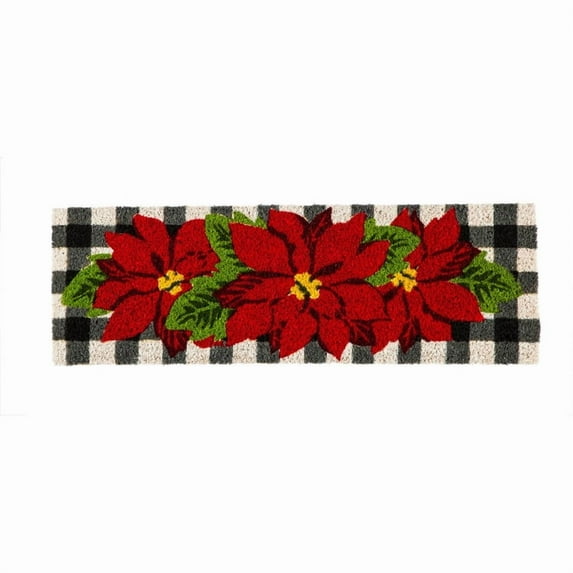 Evergreen Buffalo Plaid Poinsettias Kensington Indoor Outdoor Coir Interchangeable Doormat 9"x2'3" Multicolored