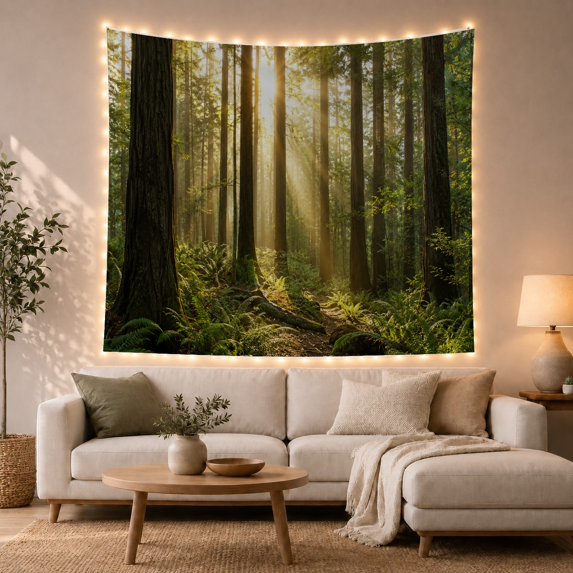 Evergreen Forest with Golden Sunbeams, Serene Digital Art for Nature Lovers, Woodland Home Decor, Housewarming Gift, Tapestry Wall Hanging for Bedroom and Living Room