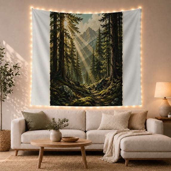 Evergreen Forest with Sunbeams and Mountain Peaks, Majestic Illustration for Nature Lovers, Scenic Woodland Wall Decor, Housewarming Gift, Tapestry Wall Hanging for Bedroom and Living Room