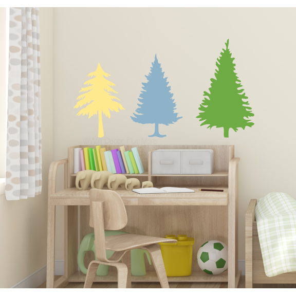 Evergreen Forest Wall Decals – 3-Piece Woodland Theme Nursery Wall Art, Removable Vinyl Wall Stickers for Home & Kids Room, 3 trees, SMALL, LmGreen/Buttercream/MstBlue