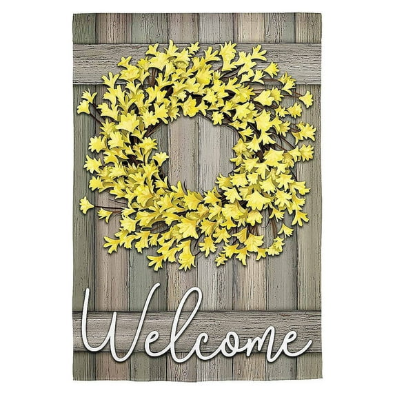 Evergreen Forsythia Farmhouse Wreath Garden Burlap Flag 12.5 x 18 Inches Indoor Outdoor Decor