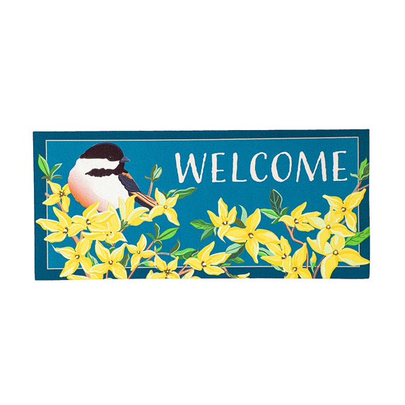 Evergreen Forsythia and Chickadee Sassafras Indoor Outdoor Switch Doormat 1'10"x10" Multicolored
