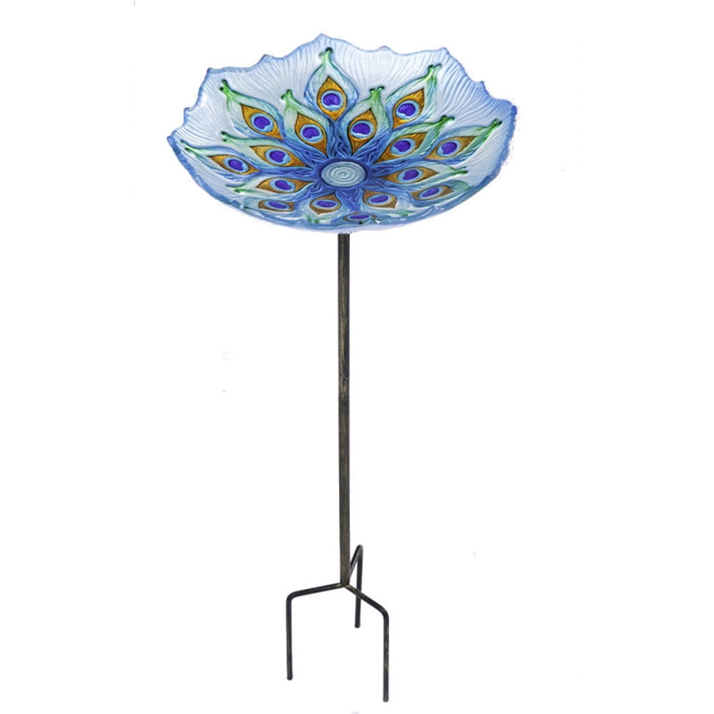 Peacock Blue Glass Bird Bath with Metal Stake