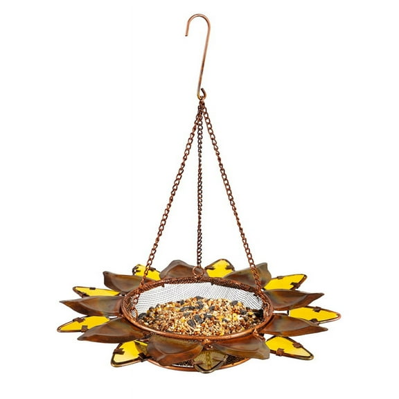 Evergreen Garden Floral Wire Birdfeeder - 11.5 x 12 x 11.5 Inches - Metal and Glass Bird Feeder in Sunflower Design Hanging Tree Birding Decor for Garden and Yard