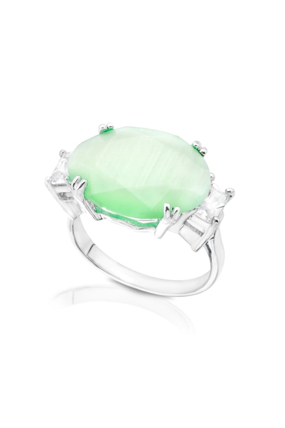 Elegant Oval Green Moonstone Ring with CZ Accents - Statement Cocktail Ring Size 9 Jewelry Ring Silver