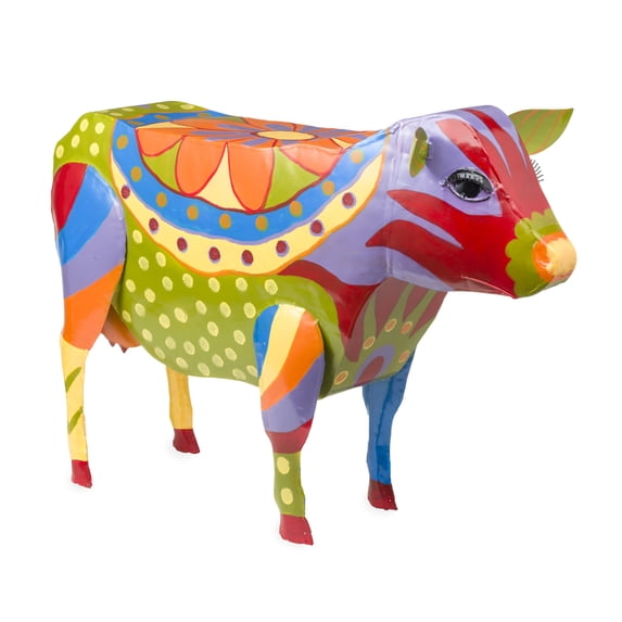 Evergreen Handmade Colorful Painted Folk Art Cow Metal Side Table