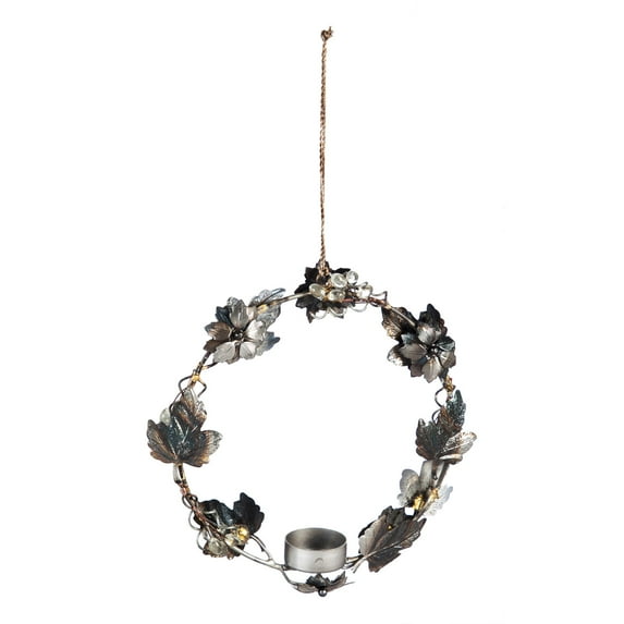 Evergreen Hanging Metal Botanical Wreath, with Tealight Holder, 9'' x 1.8'' x 9'' inches
