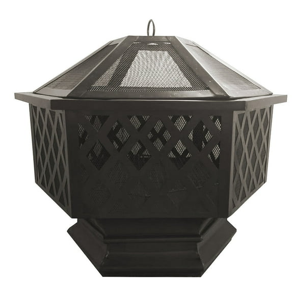 Evergreen Hexagon Fire Pit- 32 x 26 x 32 Inches Outdoor Safe and Weather Resistant with Spark Guard, Grilling Grate, and Poker