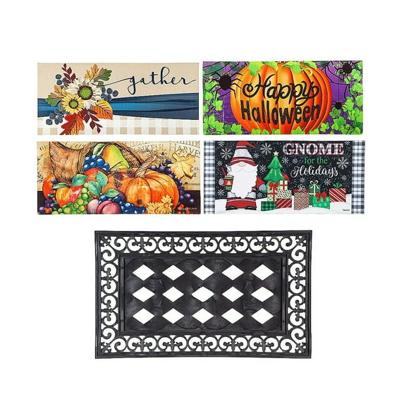 Evergreen Indoor Outdoor Doormat Bundle Set of 5 - Frame and 4 Welcome Seasonal Inserts Halloween Pumpkin Gnome Gather Harvest Thanksgiving