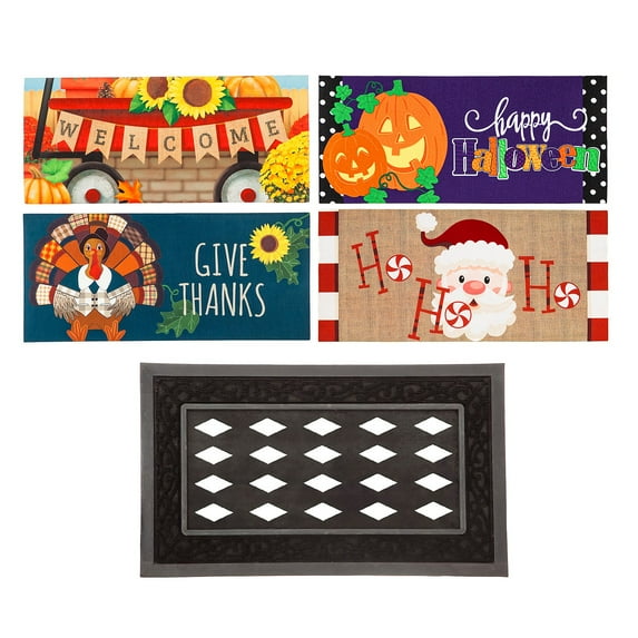 Evergreen Indoor Outdoor Doormat Bundle Set of 5 - Frame and 4 Welcome Seasonal Inserts Santa Ho Ho Ho Halloween Thanksgiving