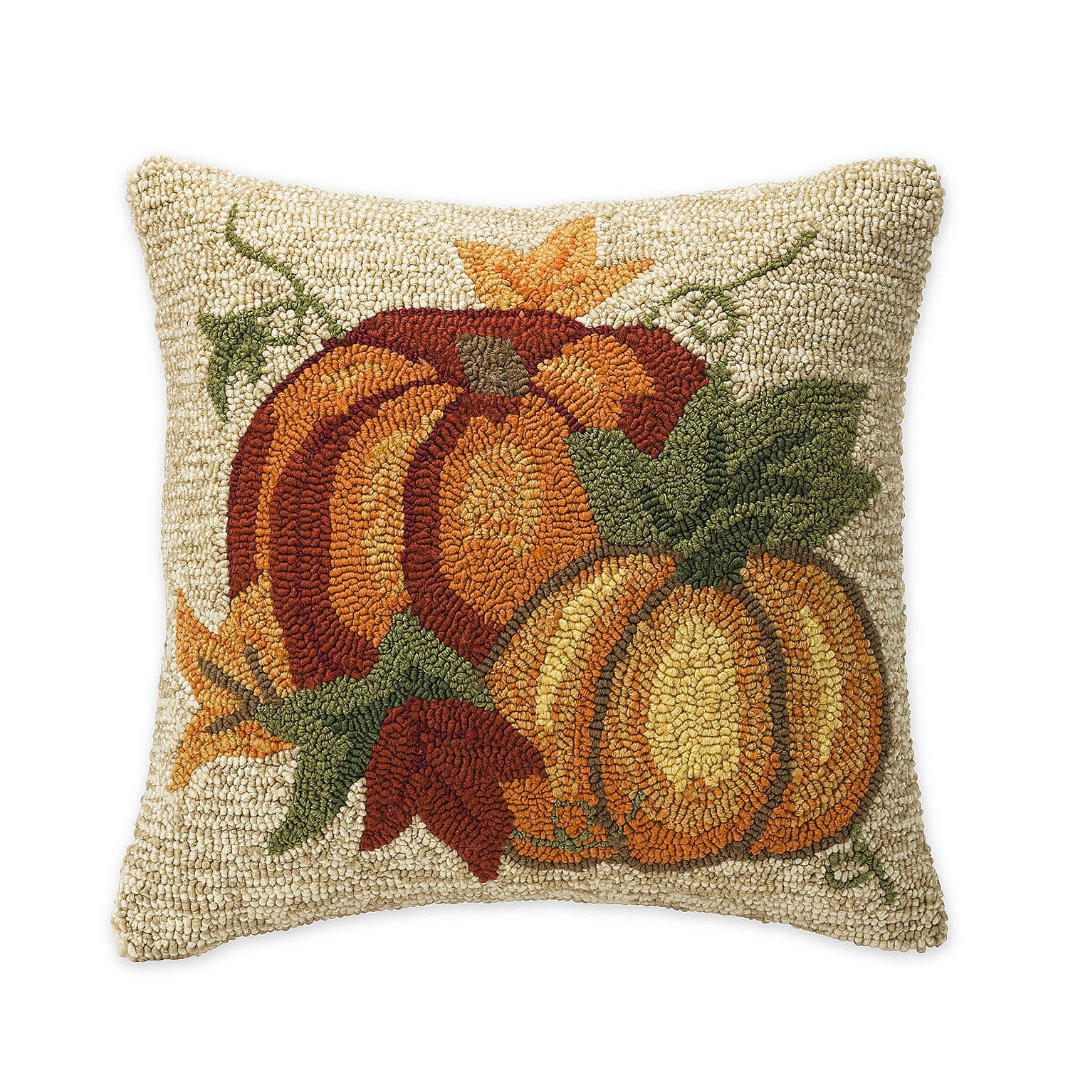 Evergreen Indoor/Outdoor Hooked Pillow, 2 Pumpkins 18"x18''