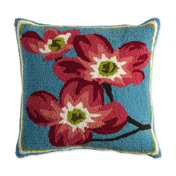 Evergreen Indoor/Outdoor Hooked Pillow, Dogwood 18"x18"