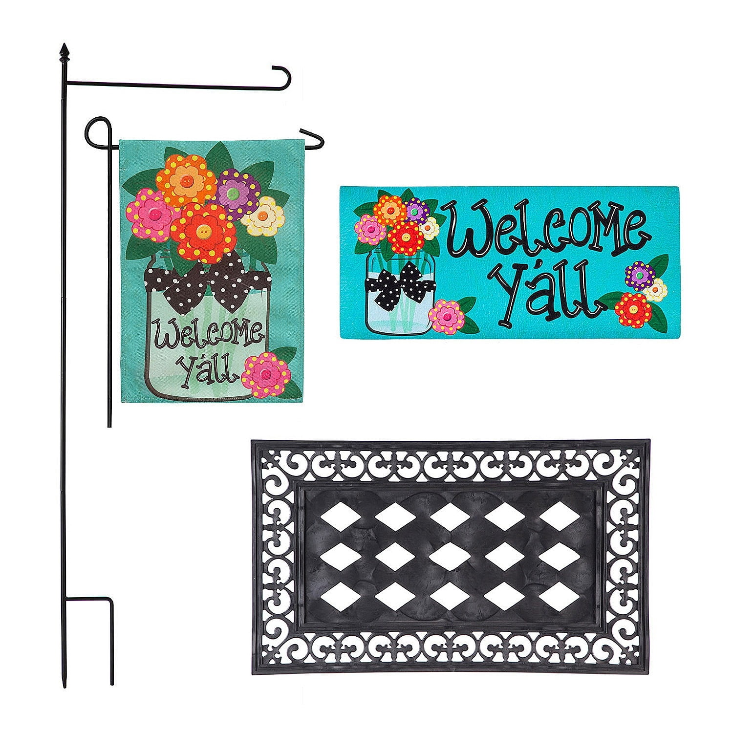 Evergreen Indoor Outdoor Welcome Y'all Bundle Set of 4 - Garden Flag stand and Flag, Sassafras Doormat Frame and Sassafras Insert