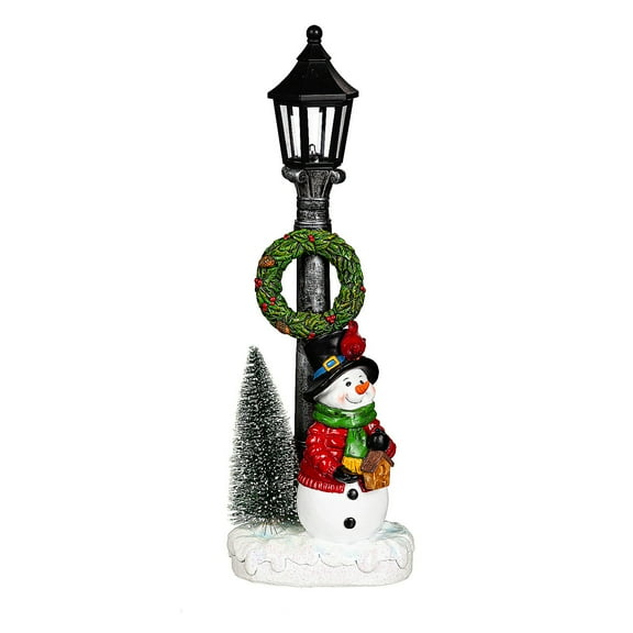 Evergreen LED Polyresin Snowman with Bottle Brush Tree and Lamp Post