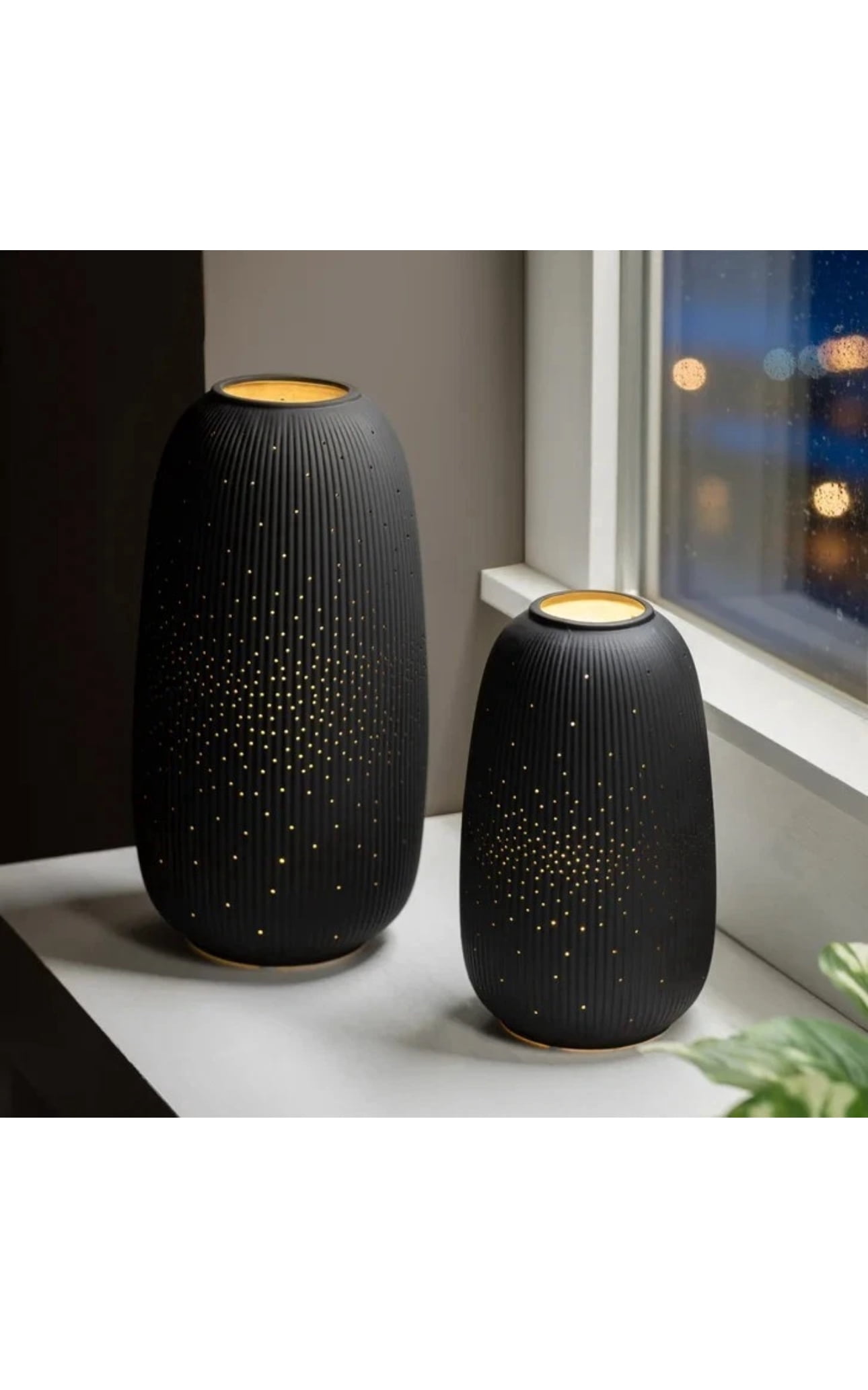 Evergreen LED Porcelain Lanterns, Set of 2, Decorative Ceramic Lanterns with Warm White LED Lighting