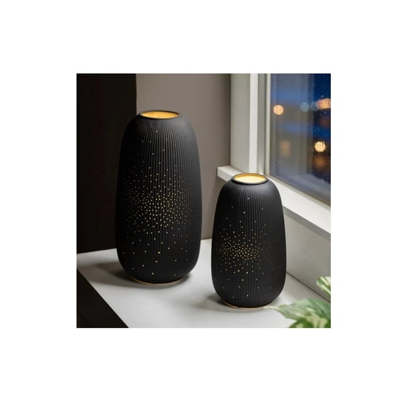 Evergreen LED Porcelain Lanterns, Set of 2, Decorative Ceramic Lanterns with Warm White LED Lighting