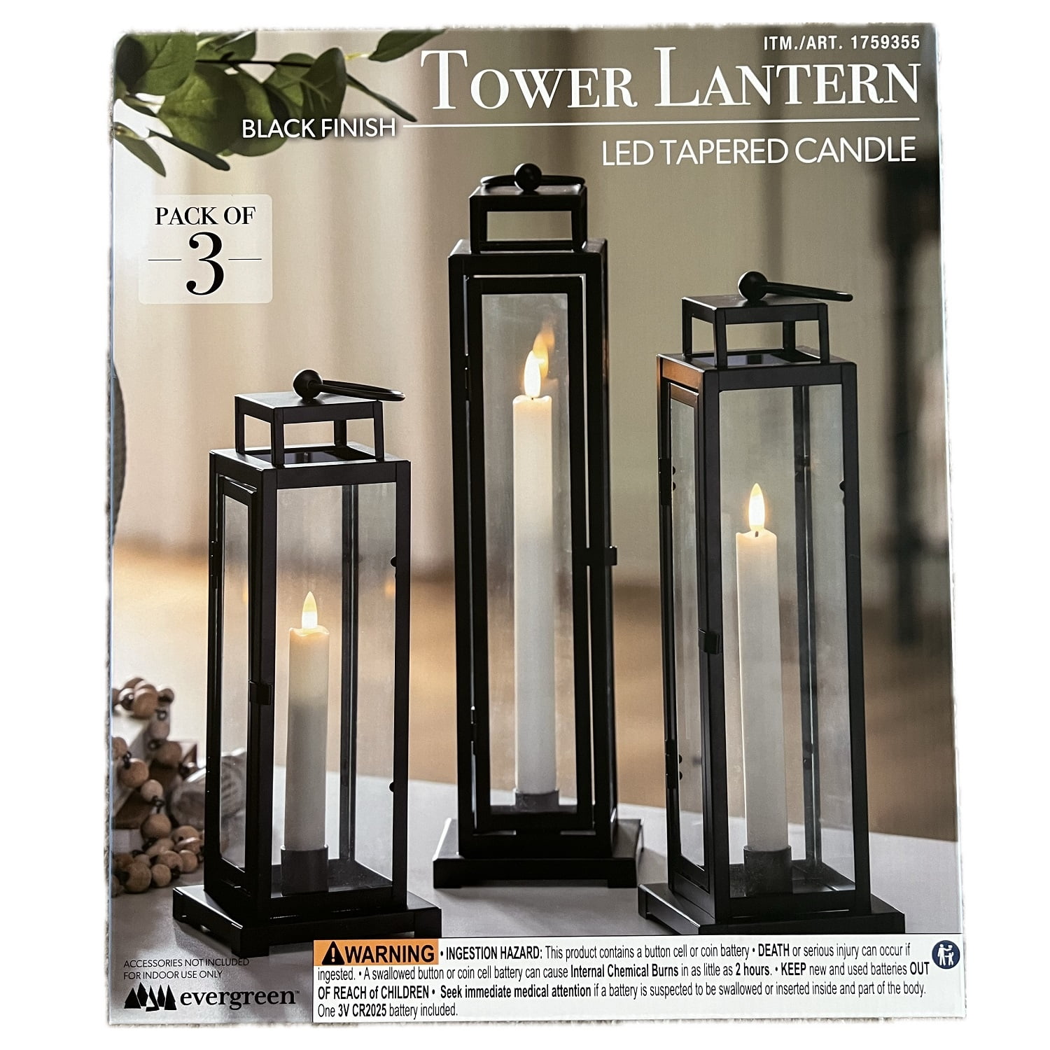 Evergreen LED Tapered Candle Tower Lantern, 3 Count (Black Evergreen LED Tapered Candle Tower Lantern, 3 Count (Black