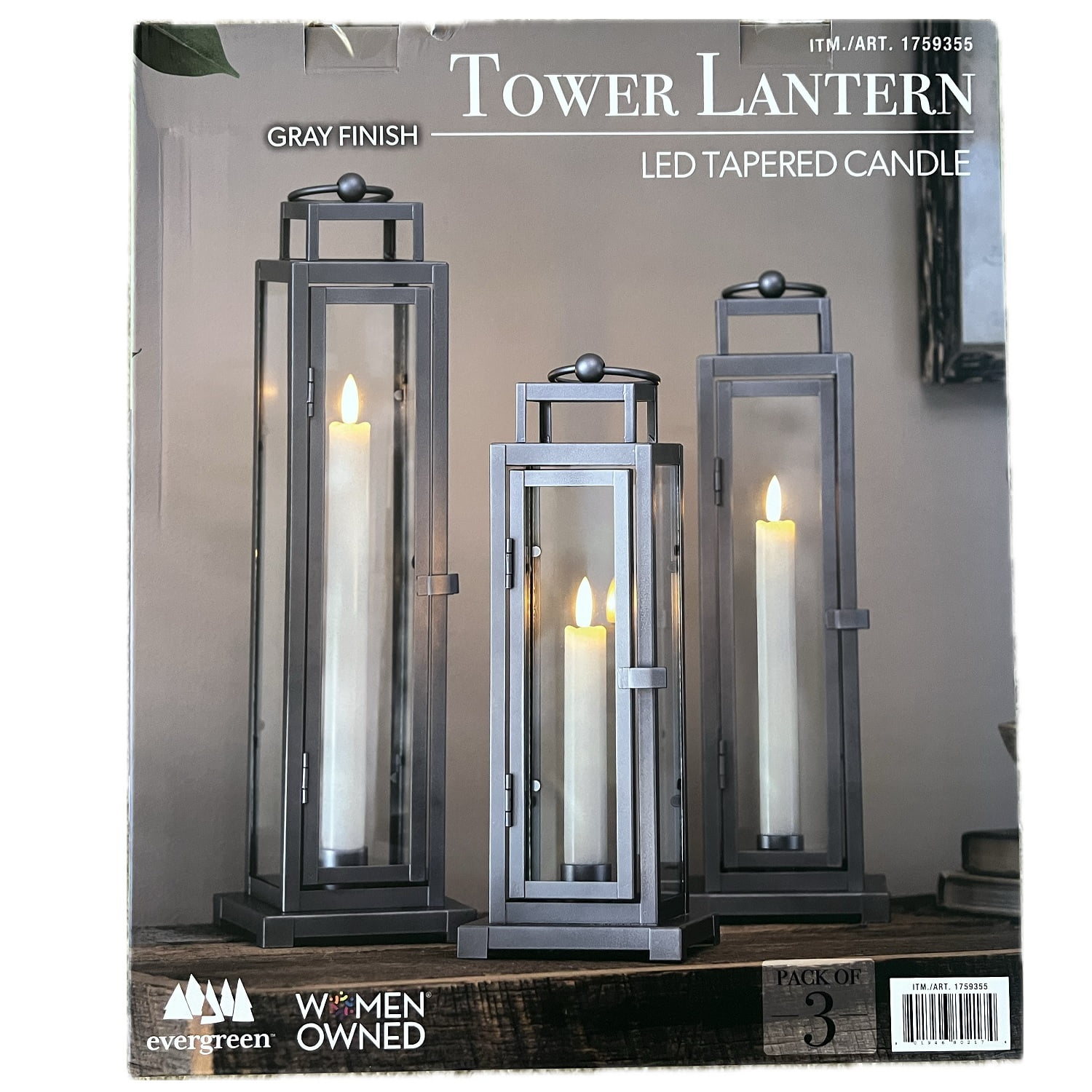 Evergreen LED Tapered Candle Tower Lantern, 3 Count (Gray Finish)