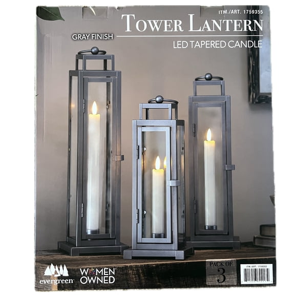Evergreen LED Tapered Candle Tower Lantern, 3 Count (Gray Finish)