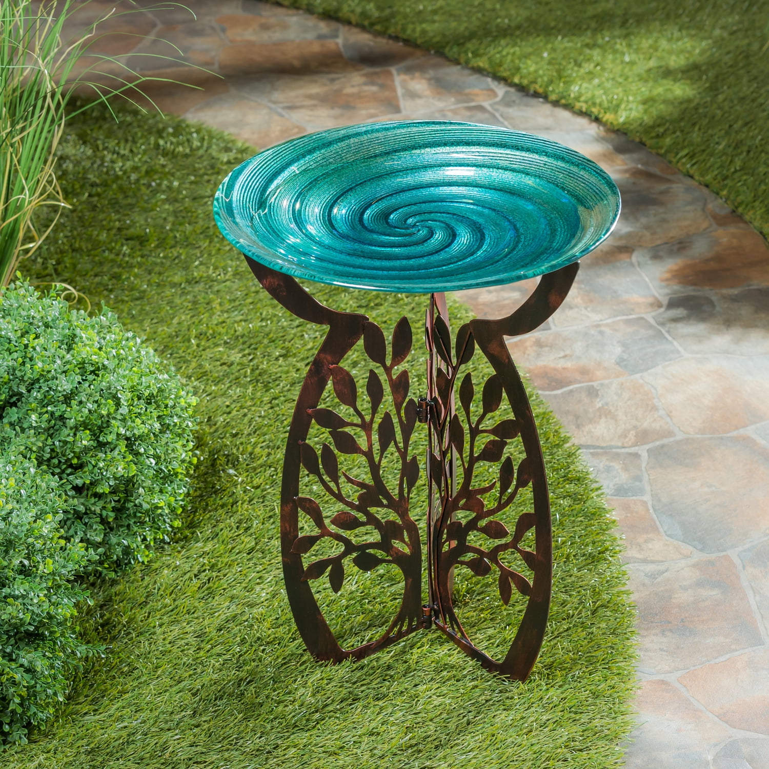 Laser Cut Bird Bath Stand and Glass Embossed Bird Bath Set, Tree of Life