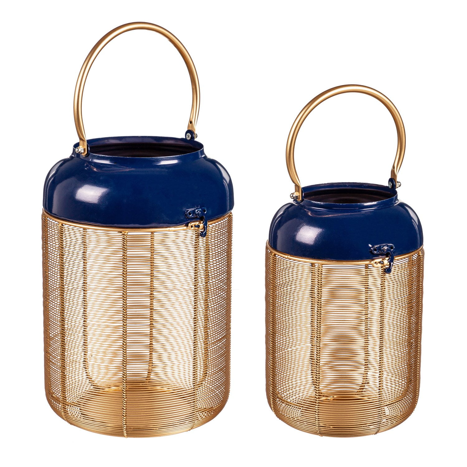 Blue and Gold Metal Tabletop Hanging Lantern Set