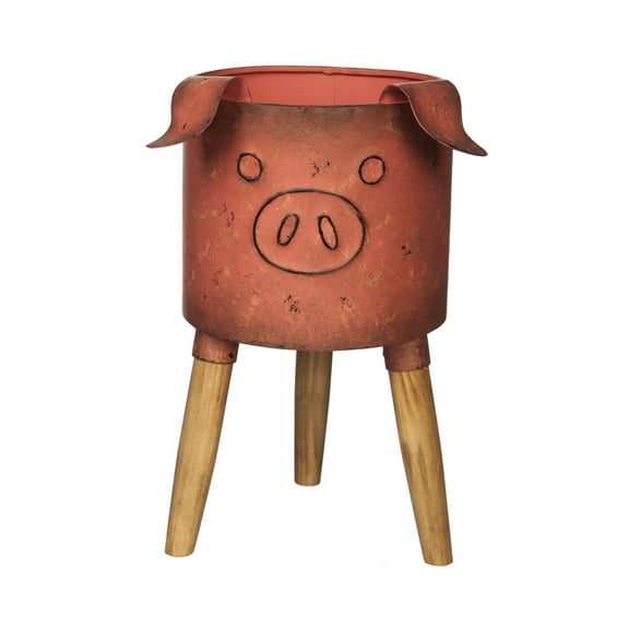 Evergreen Metal Pig Planter With Wooden Stand, 7.1''x 7.1'' x 12.2'' inches