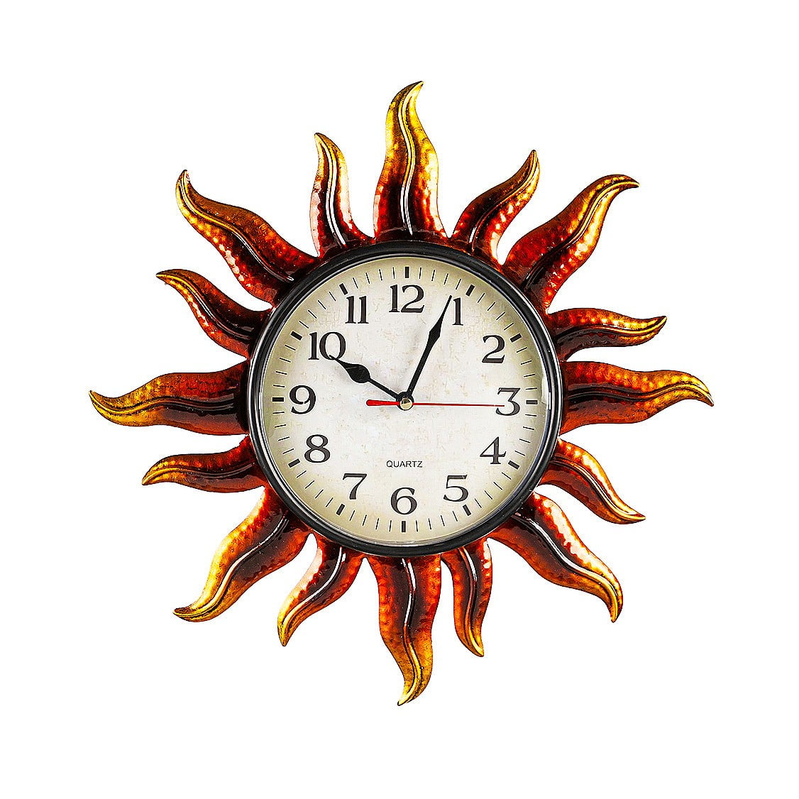 Sun-Shaped Metal and Glass Outdoor Wall Clock, 14"